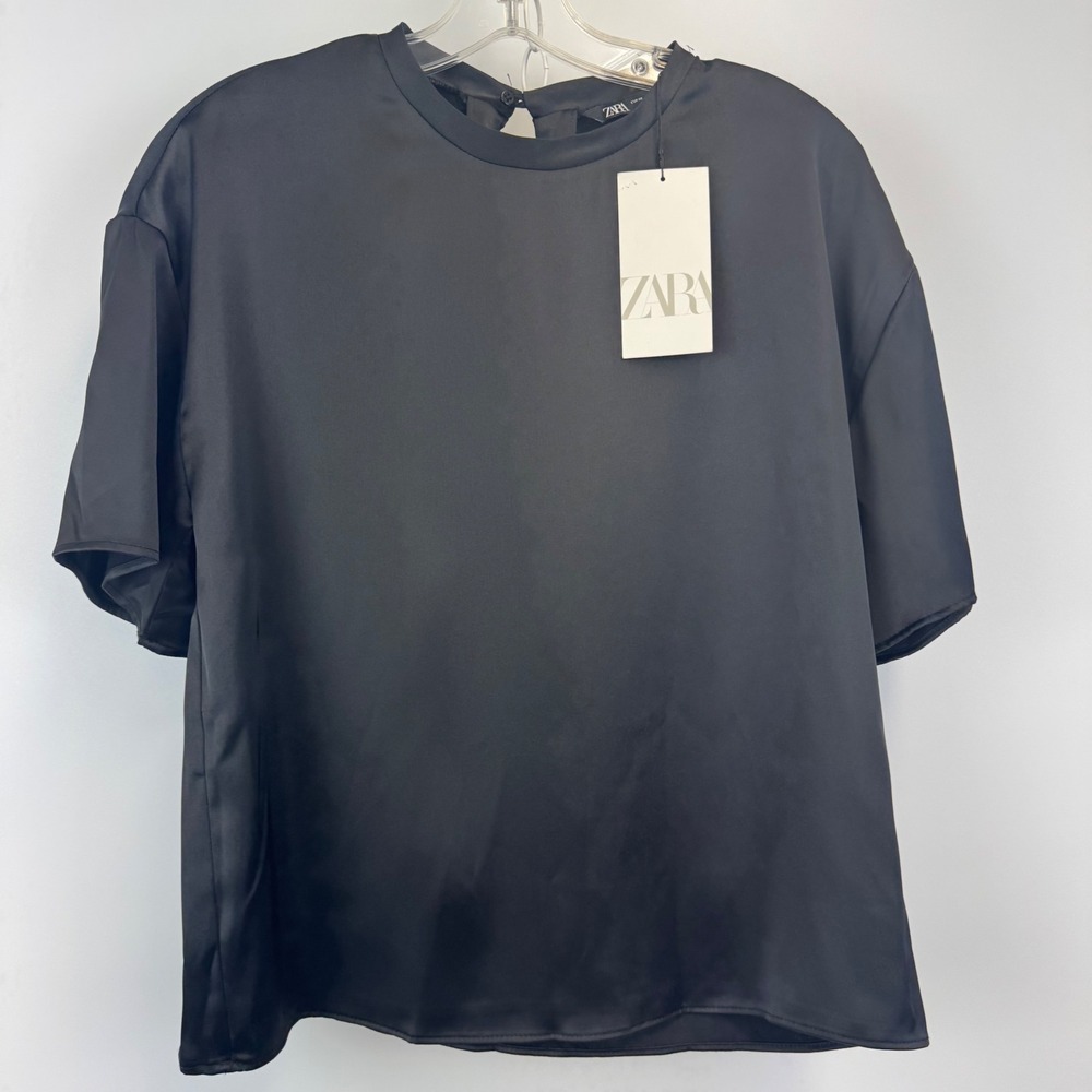 Zara Women Black Satin Finish Short Sleeve Back Cutout Top 3158/331 Size XS NEW